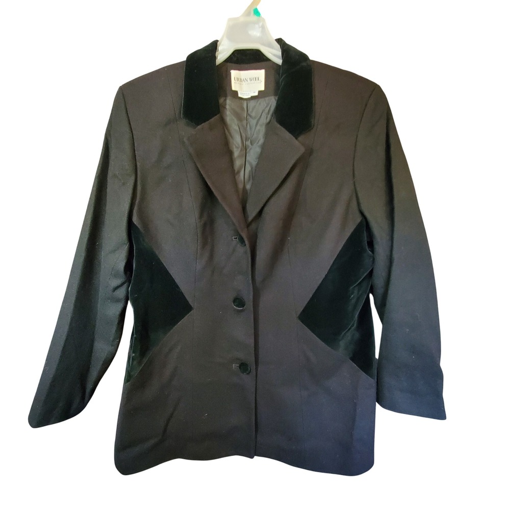 Urban Wool Merino Collection Black Wool Blazer Velvet Trim Vintage Size 18